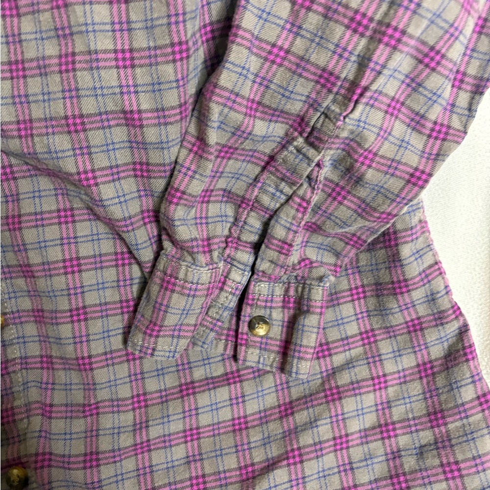 Eddie Bauer Top Womens L Pink White Plaid Button Up Shirt Flannel Cotton Pockets - Picture 2 of 4